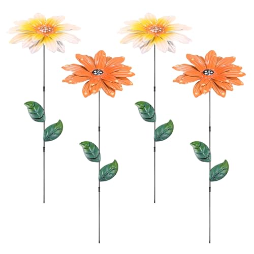 M METERXITY 4 Pack Large Flower Garden Decor Stakes, 13 Inch Waterproof Metal Garden Stakes Decorative for Indoor/Outdoor/Lawn/Flower Pot/Bed/Patio/Terrace/Home Decor [2 Yellow & Orange] - color: 2 Yellow & Orange