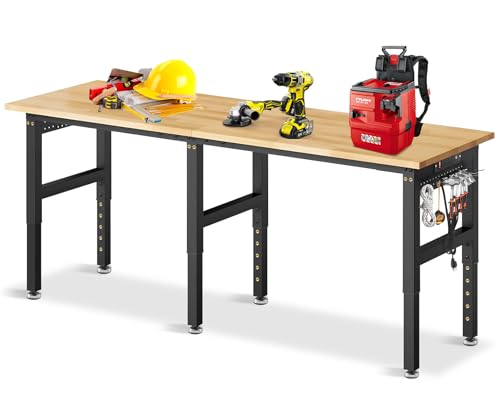 84” Adjustable Height Workbench, 2000 LBS Heavy Duty Table Rubber Wood Workstation with Power Outlet & Pegboard for Garage, Office, Workshop, Home,Commercial - size: 84"| Rubber Pad│Power Outlets | Pegboard