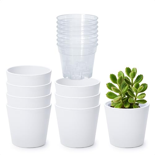 Phoenix Vine 4.5 Inch White Plastic Cachepot with Clear Nursery Pot, Decorative Lightweight Planter Cover with Transparent Inner Pot for Indoor Houseplants, Pack of 8, 24-B-D-8 - color: Matte White, size: 4.5" (8 Pack)
