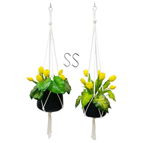 Macrame Plant Hanger 2 Pcs Hanging Planters for Indoor with 2 Hooks Indoor Outdoor Hanging Planter for Plants Holder with Decorative Tassels, Boho Home Decor, 35 Inch Ivory (Pots Not Included)