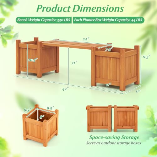 HAPPYGRILL Outdoor Bench with 2 Raised Garden Beds - size: 42" x 11" x 11.5"