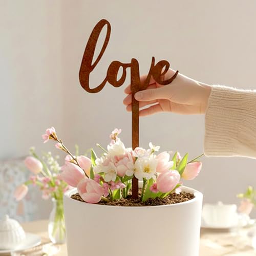 Metal Garden Decor Love Text Plant Stake for Flower Pots, Steel