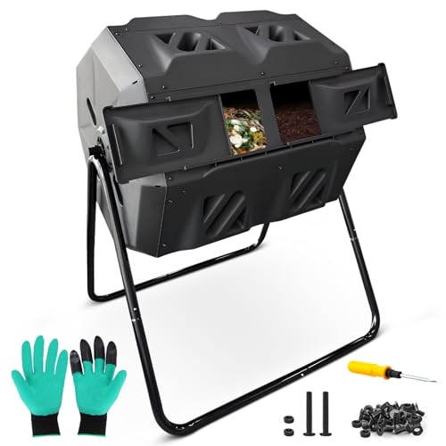Compost Bin, 43 Gallon Dual Chamber Composter Tumbler Outdoor with 2 Sliding Door and Aeration System, BPA-Free Large Rotating Composting Bin for Garden, Kitchen, and Yard Waste, Black - color: 43 Gallon