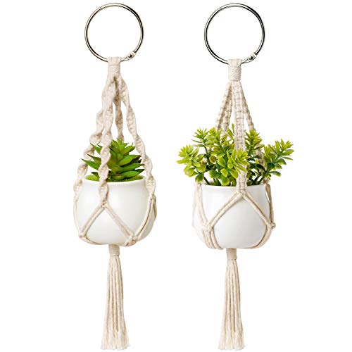 Dahey 2 Pack Mini Macrame Succulent Plant Hangers for Car Rearview Mirror