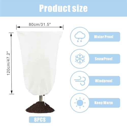8 Pack Plant Covers Freeze Protection, 31.5"x47.2" with Zipper Drawstring - color: White