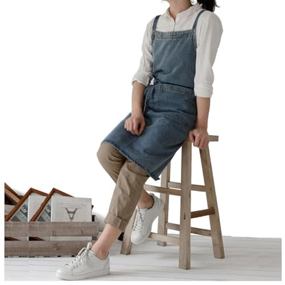 Denim Bib Apron for Women Men, Unisex Cross Back Aprons with Large Pockets - color: Style a - Deep Blue