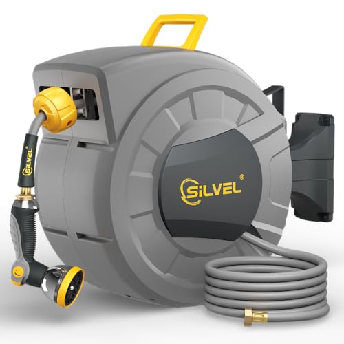 SILVEL 1/2 in x 110 FT Retractable Garden Hose Reel, UV Resistant Heavy Duty Automatic Hose Reel Wall Mount with 10 Pattern Nozzle, Any Length Lock & Slow Return System, 180°Swivel Bracket, Yellow - color: Dark Grey, size: 1/2" x 110FT