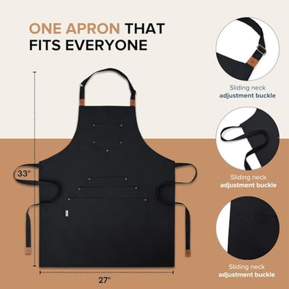 Cotton Canvas Apron for Women & Men – Adjustable Neck Strap & Waist Ties with Pockets - color: Black