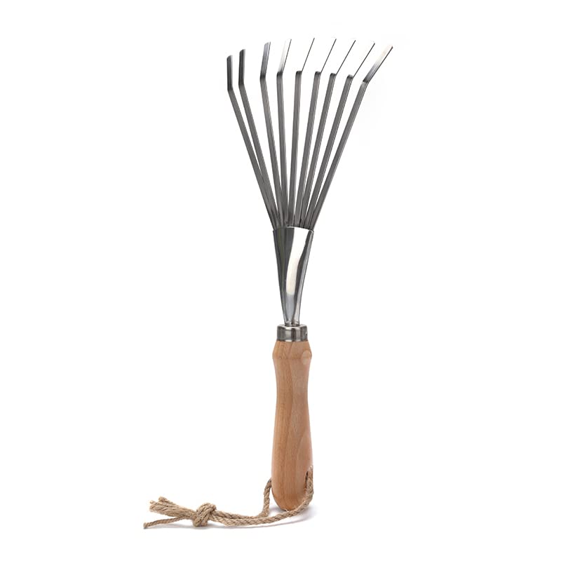 9-Tines Fan Lawn Leaf Hand Rakes Stainless Steel Beech Handle Soil Tille