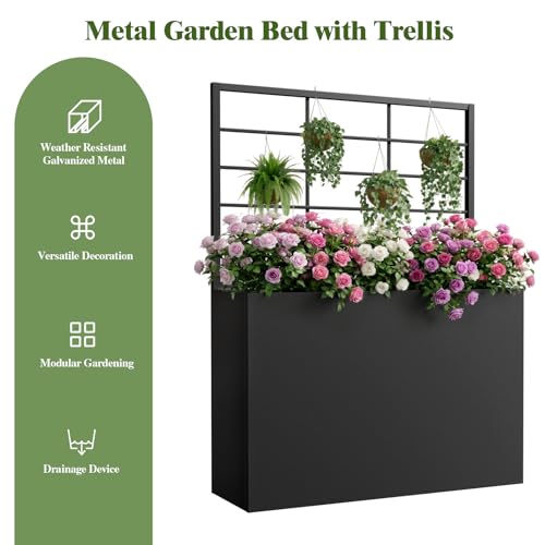 Metal Planter Box with Trellis, 35" Lx11.8 Wx47 H Metal Raised Garden Bed with Trellis and Drainage Holes, Outdoor Standing Flower Bed for Climbing Plants,Vegetables,and Vines - size: 1 PCS 35" Lx11.8" Wx47" H