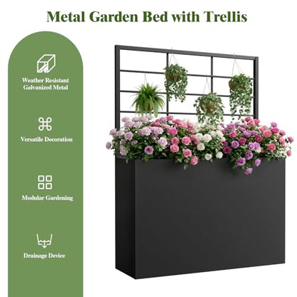 Metal Planter Box with Trellis, 35" Lx11.8 Wx47 H Metal Raised Garden Bed with Trellis and Drainage Holes, Outdoor Standing Flower Bed for Climbing Plants,Vegetables,and Vines - size: 1 PCS 35" Lx11.8" Wx47" H