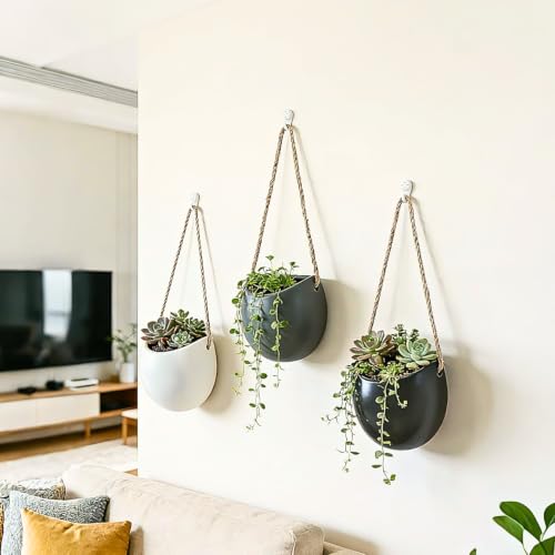 4 to 5 inch Ceramic Planters Wall Hanging Vases Decor - Set of 3 - color: Black