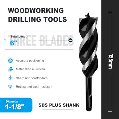 1-1/8" x 6" Auger Drill Bit with SDS Plus Shank for Wood - size: 1-1/8"x6"