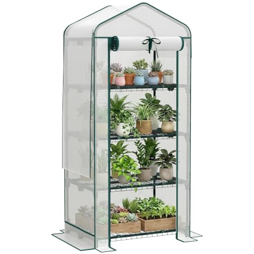Outsunny 4 Tier Mini Greenhouse w/ Screen Roof 27.6" x 19.7" x 62.2" White - color: White, size: 4 Tier