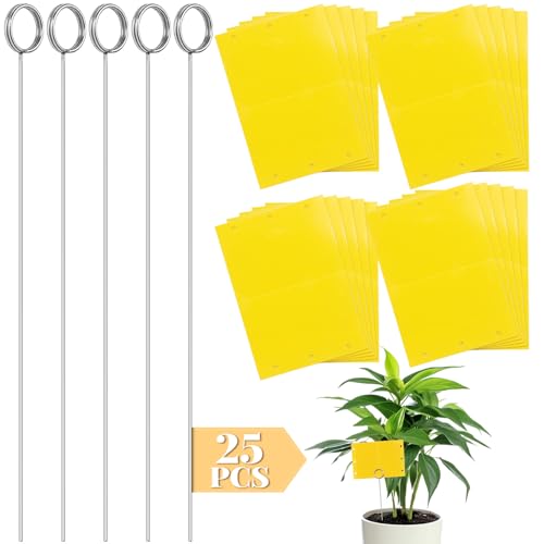 50 Pcs 12 Inch Dual-Sided Yellow Fruit Fly Traps Kit Includes 25 Sticky Cards and 25 Silver Long Wire Holders Effective Insect Gnat Trap Killer for Garden Plant Indoor Pest Control Fungus Gnats - color: main silver