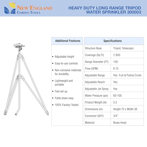 Heavy Duty Tripod Sprinkler 300003, Long Range Sprinkler with 100 FT Reach, 6 Feet Adjustable Tripod Height, 360° Range Control, for Farm, Lawn, Field, Orchard Irrigation by New England Garden Tools
