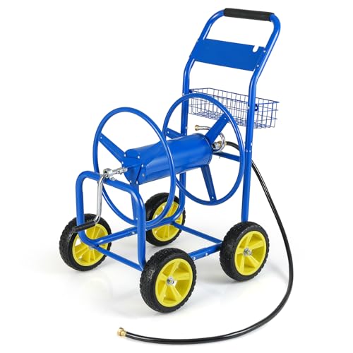 Goplus Garden Hose Reel Cart, 300 ft 5/8" or 400 ft 1/2", Heavy-Duty Metal Hose Cart w/ 4 Wheels, Storage Basket, Portable Water Hose Organizer for Yard Planting Lawn - color: Navy, size: 300 FT 5/8" Hose