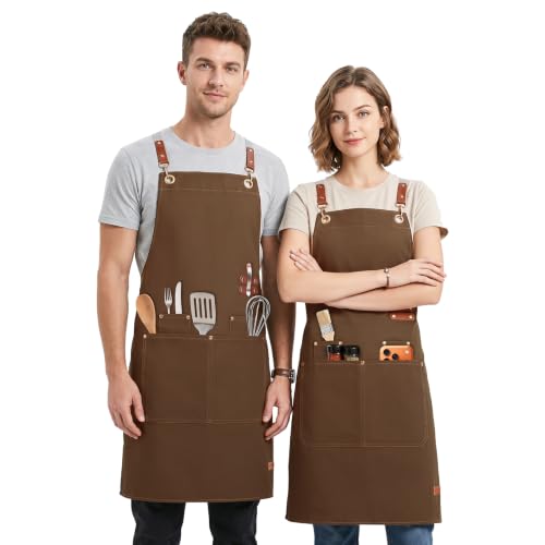 KTMOUW 2 Pack Chef Apron for Men Women with Large Pockets, Adjustable Apron - color: Coffee