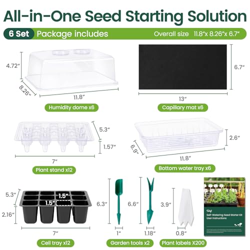 SOLIGT Self Watering Seed Starter Trays with Humidity Domes 6 Pack 144 Cell