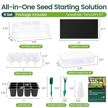 SOLIGT Self Watering Seed Starter Trays with Humidity Domes 6 Pack 144 Cell