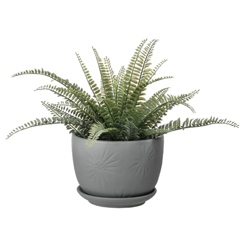 MyGift 7 Inch Grey Ceramic Plant Pot with Drainage Hole and Attached Saucer, Modern Decorative Embossed Sunburst Planter Container for Indoor Home Garden - color: Gray