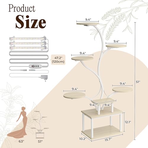 PRAISUN 51 Inch Plant Stand with Grow Lights, 8 Tiered Indoor Plant Shelf - color: White