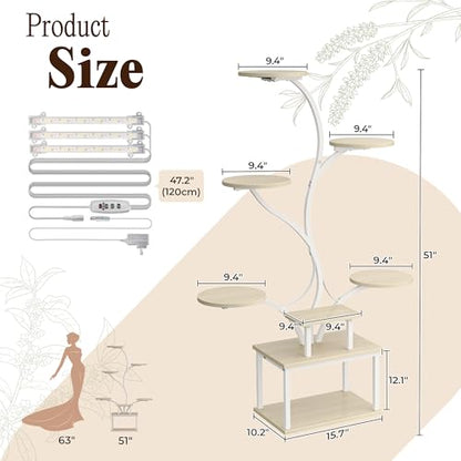 PRAISUN 51 Inch Plant Stand with Grow Lights, 8 Tiered Indoor Plant Shelf - color: White