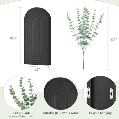 Dahey Wood Wall Planter Vase with Fake Eucalyptus Plants Boho Wall Decor - color: Black