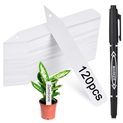 120 Pack White with Marker Pen- 4 Inch Plastic Seed Tags, Waterproof Potted Stake Markers for Outdoor Indoor Garden Patio Flowers, Gardening Gifts for Women and Men