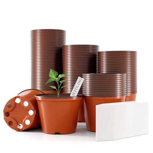 100 Pcs Plant Nursery Pots, 4 Inch Small Plant Seedling Pots with Labels Plastic Plant Flower Pots with Drainage Holes Indoor Outdoor for Succulent Cutting Transplanting - size: 4"