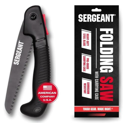 SERGEANT Folding Hand Saw with Pouch. Pruning hand saw. Best for Wood, Bone, PVC, Tree Pruning, Gardening, Camping, Hunting, Outdoors, Tool Box. Rugged 7" Steel Blade & Slip-Resistant Rubber Grip.