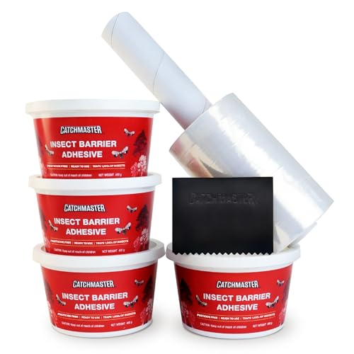 Catchmaster Tree Banding Insect Barrier DIY Kit 4Pk, 15oz., Spreader, 1Kft Roll Plastic Wrap, Lanternfly & Ant Traps, Outdoor Adhesive Crawling Insect Trap to Protect Trees, Fruit & Plants - size: 4 Tubs+ 1 Spreader + 1 Wrap
