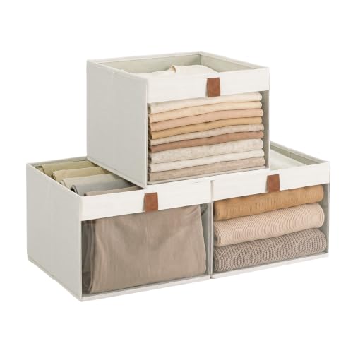 StorageWorks Fabric Storage Bins with Clear Window, Beige, 3-Pack - color: Beige, size: 12 ¾" L x 12 ¾" W x 9" H