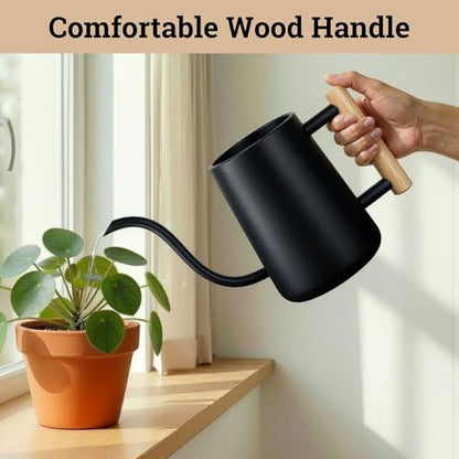 Metal Small Indoor Watering Can with Long Spout & Real Wood Handle, 35oz - color: Black