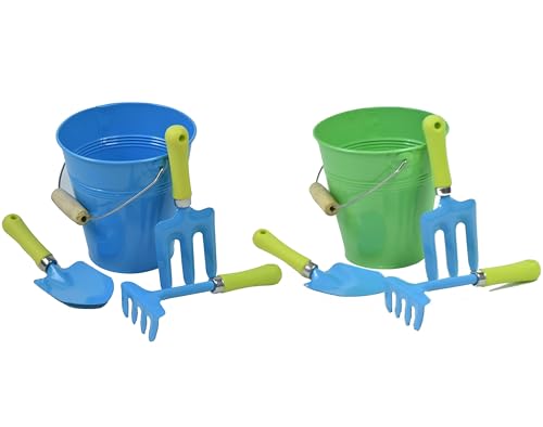 JustForKids Kids Garden Tool Set, 2 Pack STEM Educational Gardening Kit with Wooden-Handle Metal Pails, Plastic-Handle Shovel, Rake & Cultivator, Outdoor Toys & Gift for Toddlers Boys Girls Ages 3-8 - style: 2 Pack of Green and Blue Water Pails + Small To
