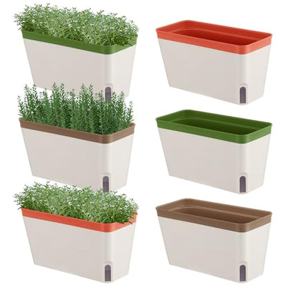 SiliFine 6 Set Window Herb Planter Box Self Watering Plant Pots 10.6 Inch Rectangular Herb Pots Decorative Garden Flower Box for Indoor, Succulent,Vegetables, Flowers