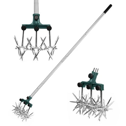 BARAYSTUS Rotary Cultivator Garden Rotary Tiller Adjustable Stainless Steel Poles Hand Tiller for Soil Mixing or Reseeding Grass Lawn Tiller Total Length 57 Inch - color: green