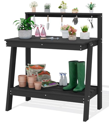 SERWALL 3-Tier Outdoor Potting Bench with Storage,Gardening Table,Black - color: Black, size: Sleek