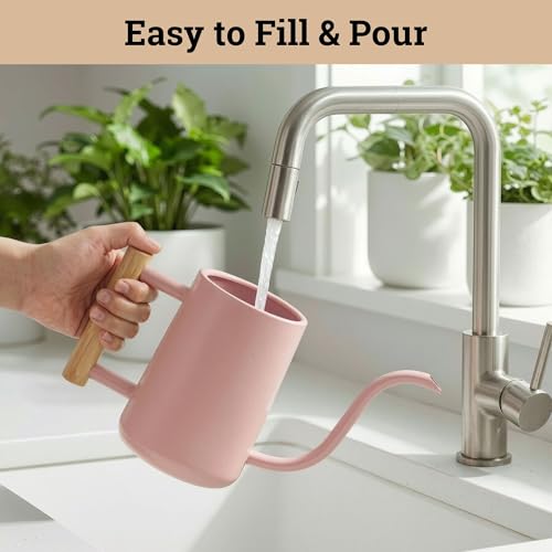 Metal Small Indoor Watering Can with Long Spout & Real Wood Handle, 35oz - color: Pink