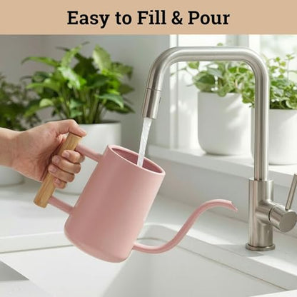 Metal Small Indoor Watering Can with Long Spout & Real Wood Handle, 35oz - color: Pink