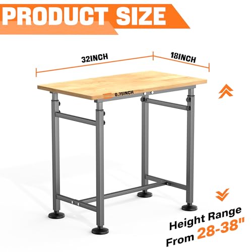 TORACK Adjustable Workbench with Rubberwood Top, 32" x 18" - size: 32 x 18 inch