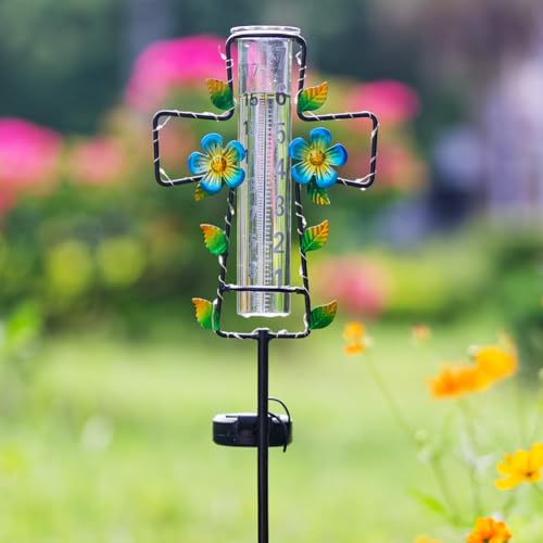 Solar Rain Gauge Outdoor with Lights,7” Glass Tube Cross Rain Gauge - color: Blue Cross