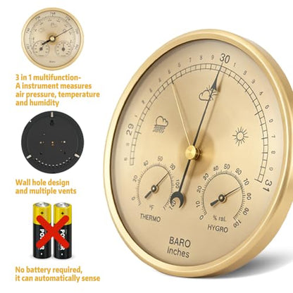 3-in-1 Analog Weather Station, 132mm Barometer Thermometer Hygrometer, Accurate Fahrenheit Readings, Indoor Outdoor Air Pressure Temp Humidity Monitor- Golden