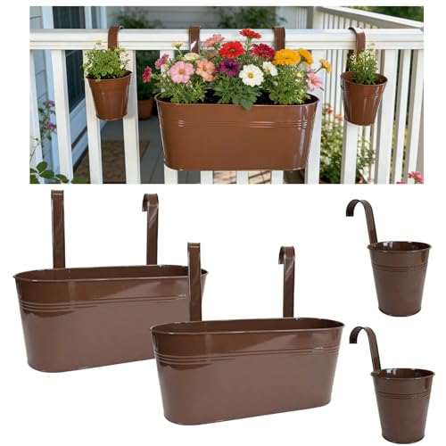 4 Pack Mixed Size Metal Fence Planters Set with Detachable Hooks, Chocolate - color: Chocolate, size: Oval*2 + Round*2