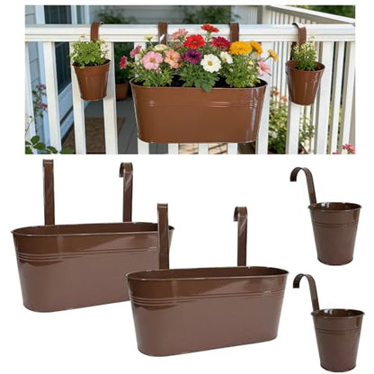 4 Pack Mixed Size Metal Fence Planters Set with Detachable Hooks, Chocolate - color: Chocolate, size: Oval*2 + Round*2