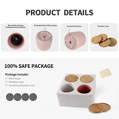 4" Ceramic Plant Pots with Drainage Holes & Trays Multicolor Set of 4 - color: Multi-colors