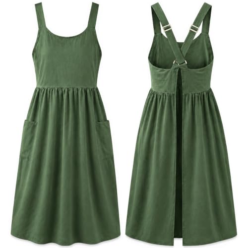 Cotton Linen Apron Cross Back Apron for Women with Pockets Pinafore Dress - color: Green