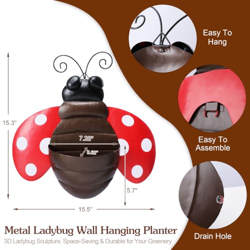 Ladybug Metal Wall Planter, Wall Mount Hanging Succulent Pot with Drainage - color: Red Ladybug