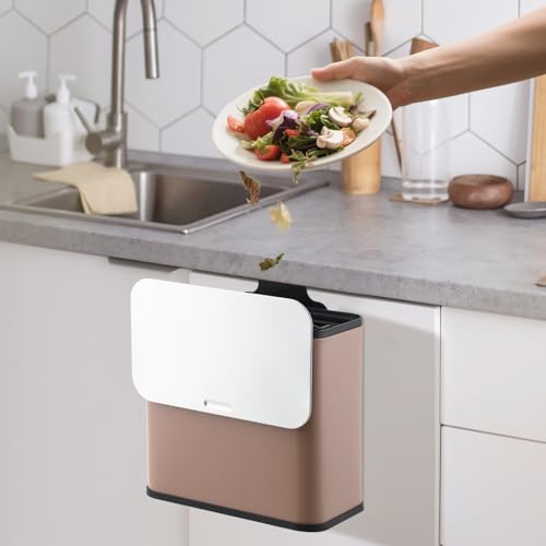 Kitchen Compost Bin for Countertop or Under Sink, 1.3 Gallon Stainless Steel Hanging Trash Can with Lid, Small Compost Caddy Metal Waste Bin for Bathroom Bedroom RV, Brown