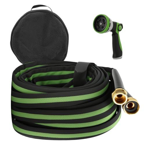 50FT Garden Hose with Nozzle– High Pressure Nozzle and Flexible Water Hose, All-Weather, Non-Shrinking, Ultra-Lightweight with 3/4" Solid Brass Fittings, Green